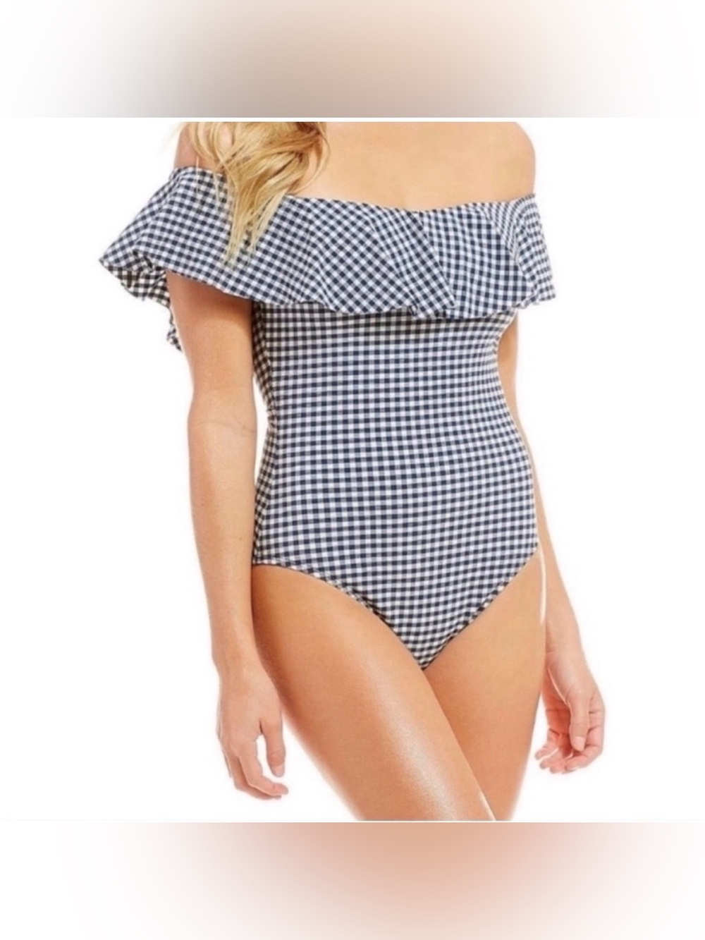 Cremieux Blue Gingham Plaid Off The Shoulder One-Piece Swimsuit Size Large